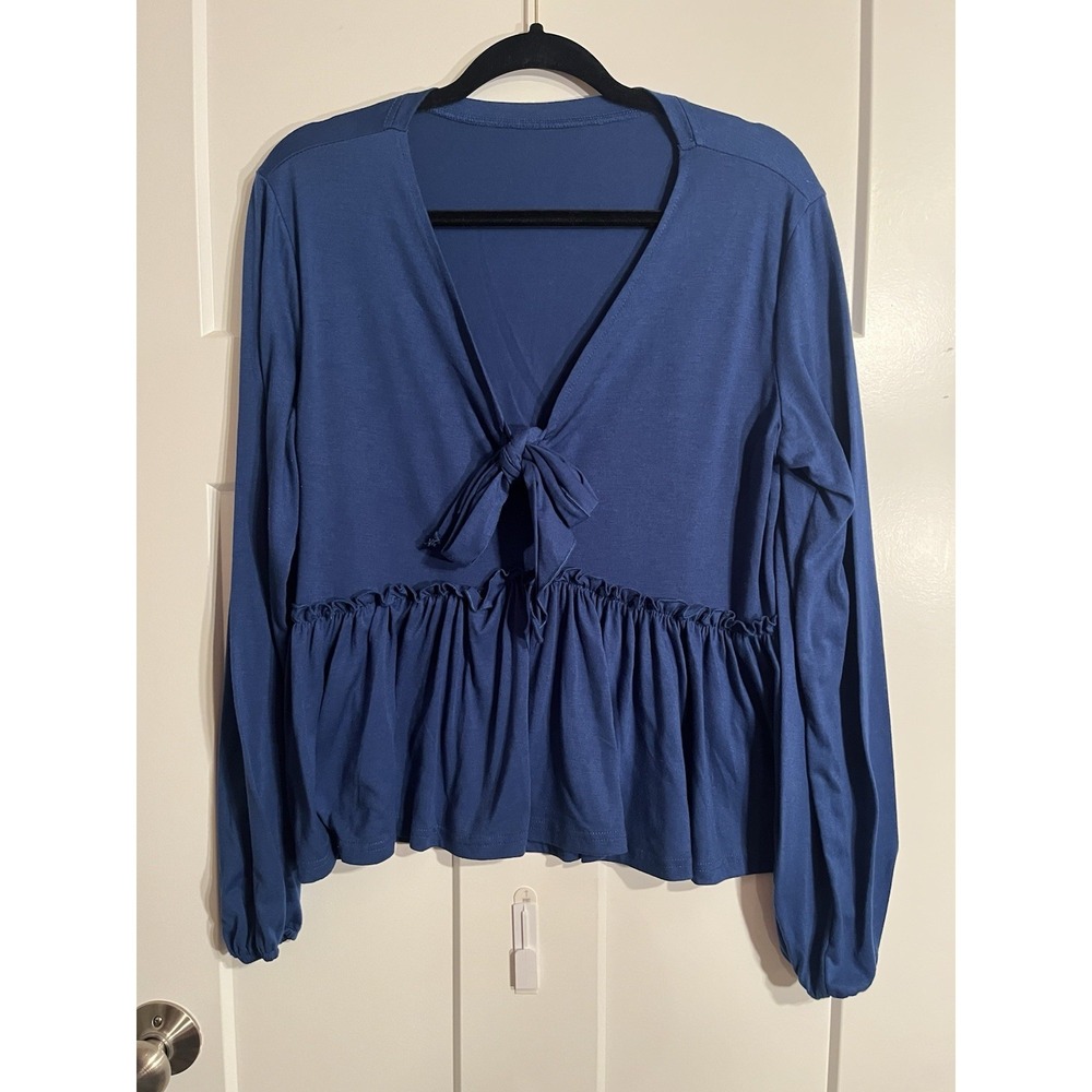 Women's Blue Tie Front Peplum Top Size L Long Sleeve Deep V Neck Ruffle